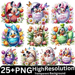 Pode incluir: Uma coleção de gráficos digitais coloridos com o tema da Páscoa, apresentando personagens da Disney saindo de ovos decorados. Cada ovo é cercado por flores e borboletas, com o texto "Happy Easter". A imagem inclui o texto "25+PNG High Resolution Transparent Background".