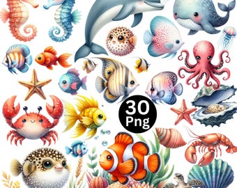 Watercolor Undersea Clipart, Ocean Adventure Illustration, Cute Sea Animals, Digital Download, PNG, Commercial Use