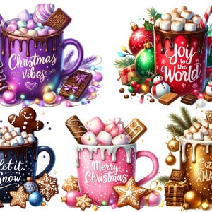Op de afbeelding: Digitale illustratie van zes mokken gevuld met warme chocolademelk, marshmallows en feestelijke decoraties. Elke mok heeft een andere kleur en een kerstthema-boodschap, zoals "Christmas Vibes" en "Joy to the World."