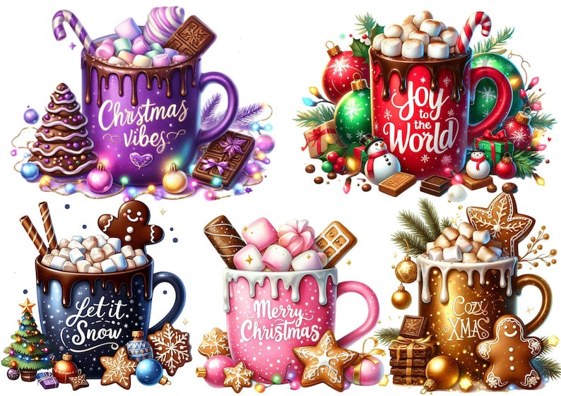 Op de afbeelding: Digitale illustratie van zes mokken gevuld met warme chocolademelk, marshmallows en feestelijke decoraties. Elke mok heeft een andere kleur en een kerstthema-boodschap, zoals "Christmas Vibes" en "Joy to the World."