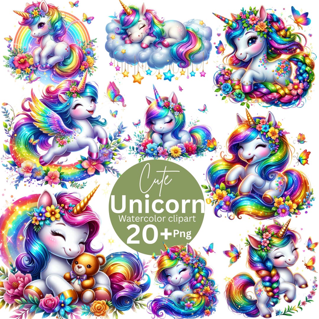 Watercolor Baby Unicorn Collection Clipart, 20 PNG Unicorn Clipart ...
