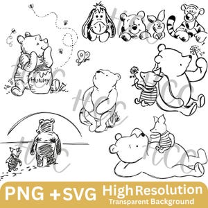 May include: Black and white line art illustrations of Winnie the Pooh and friends. The collection includes Pooh with a honey pot, Eeyore, Piglet, Tigger, and other characters. The image has a transparent background.