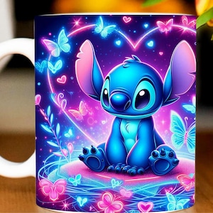 May include: A white ceramic mug featuring a vibrant illustration of the character Stitch from Lilo & Stitch. The design includes a blue Stitch surrounded by glowing butterflies, hearts, and floral elements in shades of pink, blue, and purple.
