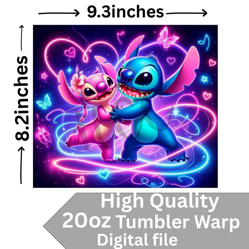Puede incluir: Un archivo digital con una vibrante ilustraci&oacute;n de dos personajes de dibujos animados, uno azul y otro rosa, abraz&aacute;ndose sobre un fondo de ne&oacute;n. La imagen mide aproximadamente 23,6 cm de ancho y 20,8 cm de alto, con el texto "High Quality 20oz Tumbler Warp Digital file".