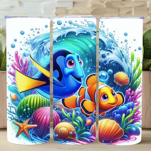 Design magico per bicchiere con pesci, bicchiere ad acquerello, bicchiere skinny da 20 oz con design a sublimazione, tazza Nemo, file digitale PNG, 20 oz