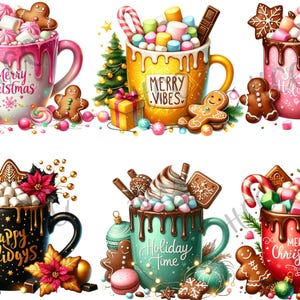 Op de afbeelding: Waterverfillustratie van zes mokken gevuld met warme chocolademelk, marshmallows en snoep. Elke mok heeft een andere kleur en een vakantiebericht. Peperkoekmannetjes en kerstversieringen omringen de mokken.