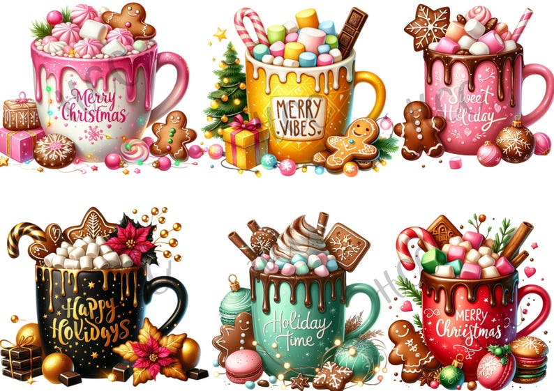 Op de afbeelding: Waterverfillustratie van zes mokken gevuld met warme chocolademelk, marshmallows en snoep. Elke mok heeft een andere kleur en een vakantiebericht. Peperkoekmannetjes en kerstversieringen omringen de mokken.