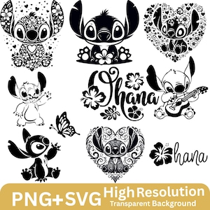 May include: A selection of black and white PNG and SVG graphics featuring the character Stitch from Lilo & Stitch. Designs include Stitch in various poses, floral heart shapes, and the word "Ohana". High resolution with a transparent background.