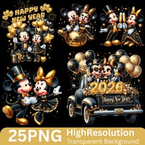 以下が含まれることがあります： ミッキーとミニーマウスが新年を祝うデジタルイラスト。黒と金の衣装を着て、シャンパングラス、風船、プレゼントを持っています。「Happy New Year」と「2026」の文字が含まれています。