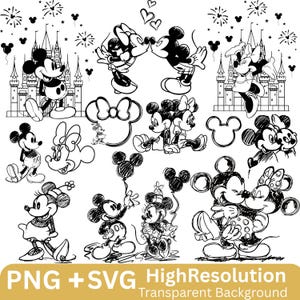 Pode incluir: Ilustrações em preto e branco de Mickey e Minnie Mouse em várias poses, incluindo beijos, segurando balões e em pé perto de um castelo. A imagem inclui o texto "PNG + SVG High Resolution Transparent Background."