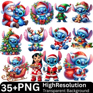 以下が含まれることがあります： クリスマスをテーマにしたデジタルイラストのコレクションで、キャラクターのスティッチが登場します。スティッチは、サンタクロースの衣装、エルフのコスチューム、クリスマスの飾りなど、さまざまなお祝いの衣装で描かれています。画像には「35+PNG HighResolution Transparent Background」というテキストが含まれています。