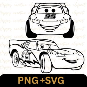 May include: Black and white line art of two smiling race cars. One car is viewed from the front, displaying the number 95. The other car is viewed from the side, also displaying the number 95. The text "PNG + SVG" is at the bottom.