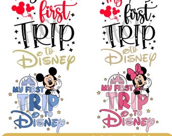 May include: A collection of colorful Disney-themed graphics. The designs include the text "My First Trip to Disney" in various styles, along with images of Mickey and Minnie Mouse. The graphics are in red, black, blue, and pink.