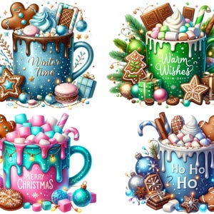 Op de afbeelding: Vier feestelijke mokken warme chocolademelk met slagroom, marshmallows en peperkoek. Elke mok is versierd met vakantiethema's en tekst, waaronder "Winter Time", "Warm Wishes", "Merry Christmas" en "Ho Ho Ho".