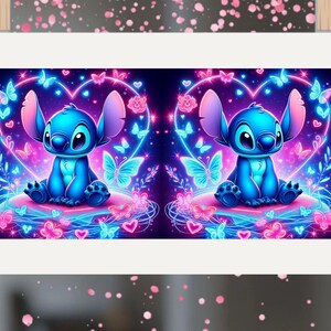 May include: A vibrant illustration features a blue cartoon character with large ears, sitting amidst glowing butterflies and hearts. The artwork uses neon pink and blue hues, creating a whimsical and magical aesthetic. The character is centered within a heart-shaped design.