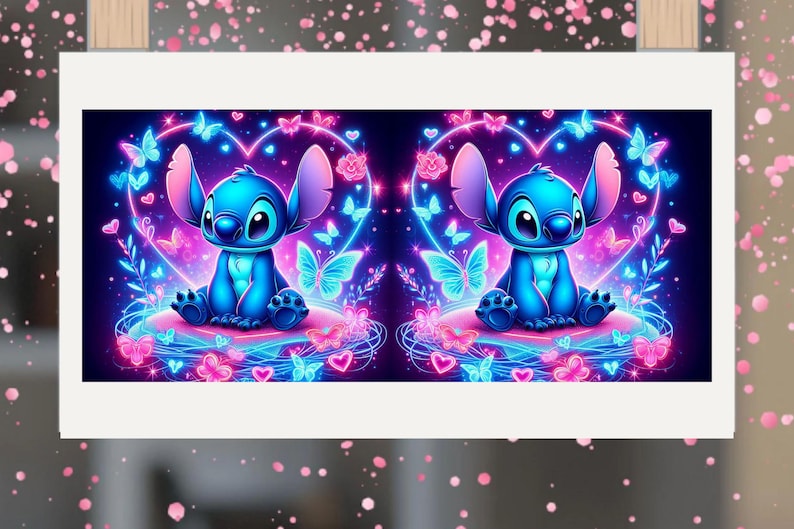 May include: A vibrant illustration features a blue cartoon character with large ears, sitting amidst glowing butterflies and hearts. The artwork uses neon pink and blue hues, creating a whimsical and magical aesthetic. The character is centered within a heart-shaped design.