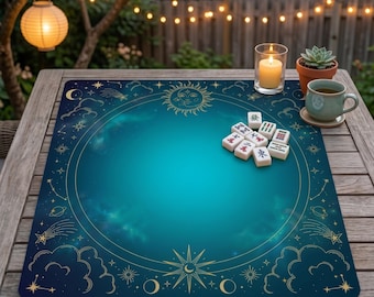 Zodiac Mahjong Mat | Celestial Teal & Gold | Neoprene Roll Up Mat with Bag | Mahjong Gift for Her | Game Night Accessories
