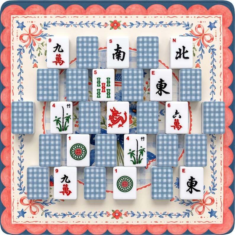 May include: A Mahjong game set arranged on a decorative cloth. The tiles are white with black, red, and green symbols and characters. The cloth has a blue and white gingham pattern with a red and blue scalloped border. The game is set up for play.