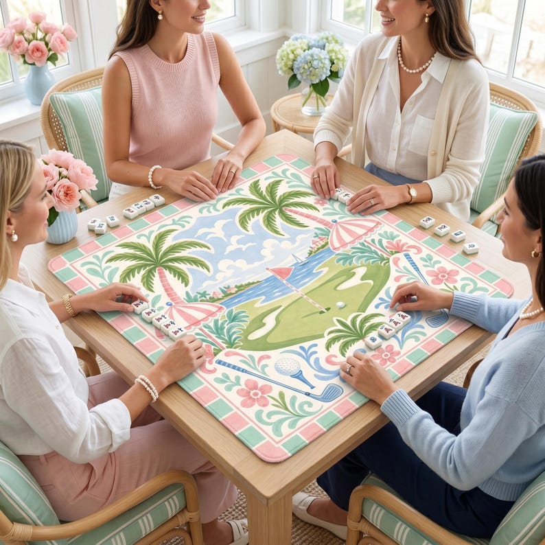 May include: A square game board with a golf course scene, palm trees, and a beach design. The board is surrounded by a pink and green border. Four people are playing a game with small white tiles on a wooden table.