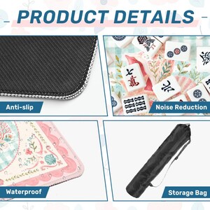 May include: Product details image showing a black anti-slip surface, Mahjong tiles, a pink waterproof mat with floral design, and a black storage bag. The image includes the text "Product Details", "Anti-slip", "Noise Reduction", "Waterproof", and "Storage Bag".