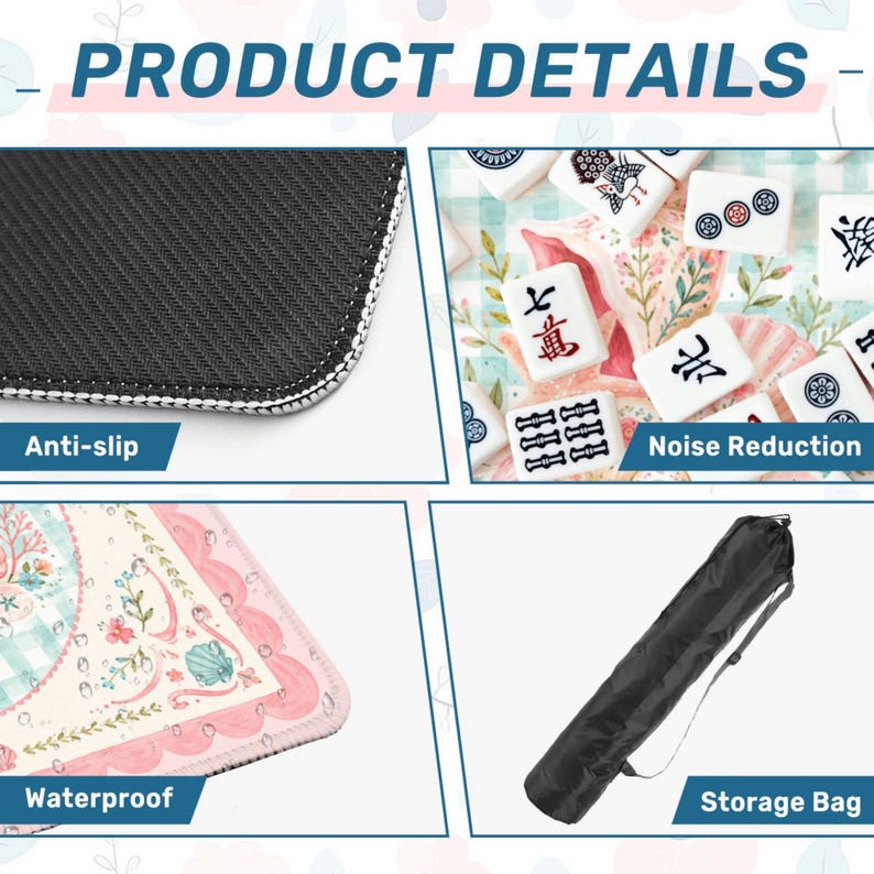 May include: Product details image showing a black anti-slip surface, Mahjong tiles, a pink waterproof mat with floral design, and a black storage bag. The image includes the text "Product Details", "Anti-slip", "Noise Reduction", "Waterproof", and "Storage Bag".