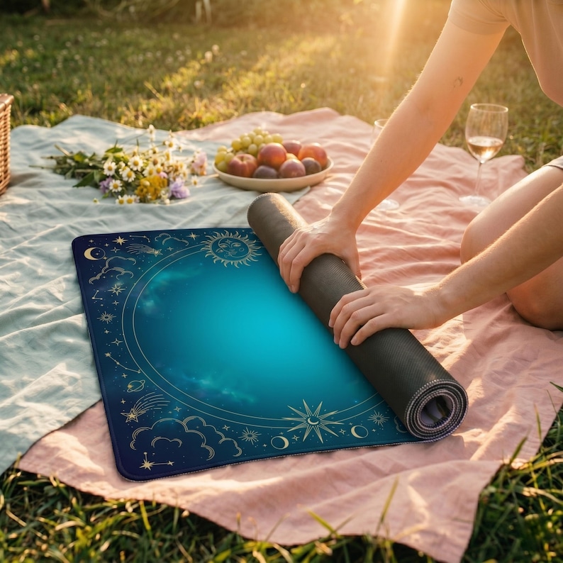 May include: A dark yoga mat is being unrolled onto a blue and gold celestial-themed mat. The mat has a gradient blue centre and gold sun, moon, and star designs. The scene is set outdoors on a picnic blanket.