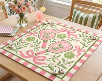 Pink Green Pickleball Mahjong Mat | Coquette Preppy Bow Design, Neoprene Roll Up (Bag Included)