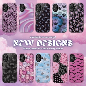 May include: A collection of phone cases with various designs, including leopard print, swirling pink and purple, bows, butterflies, and floral patterns. The cases are available in different colors and styles. The text "NEW DESIGNS" and "Phone cases to match every mood" are also visible.