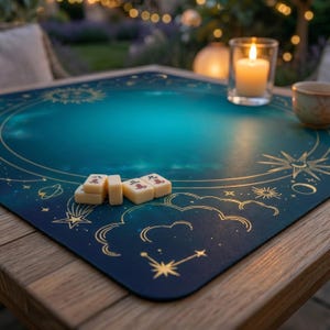 May include: A teal and gold Mahjong mat with a celestial design, featuring constellations and clouds. Several ivory-coloured Mahjong tiles are arranged on the mat. A lit candle in a glass holder and a small ceramic cup are also visible.