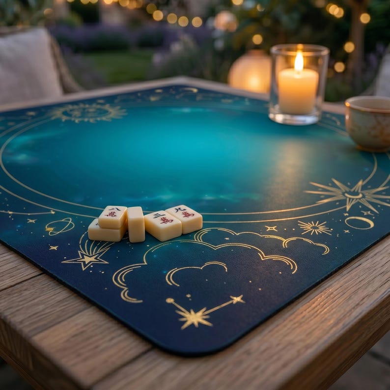 May include: A teal and gold Mahjong mat with a celestial design, featuring constellations and clouds. Several ivory-coloured Mahjong tiles are arranged on the mat. A lit candle in a glass holder and a small ceramic cup are also visible.