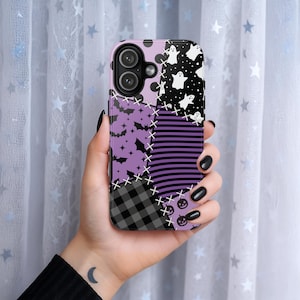 Purple Pastel Goth Phone Case: Spooky Patchwork Ghosts & Bats