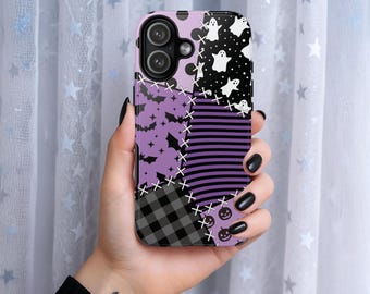 Purple Pastel Goth Phone Case: Spooky Patchwork Ghosts & Bats
