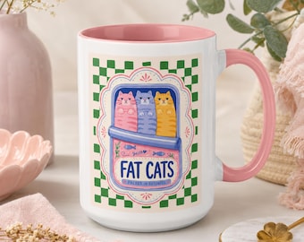 Mok voor sardineblikje Fat Cats, dik kattenliefhebbercadeau, retro dambordkeramische beker