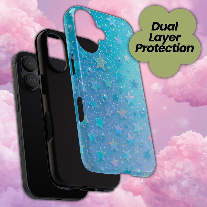 May include: A black phone with a dual-layer protective case. The outer layer is transparent blue with a star pattern. The text "Dual Layer Protection" is in a green cloud-shaped graphic.