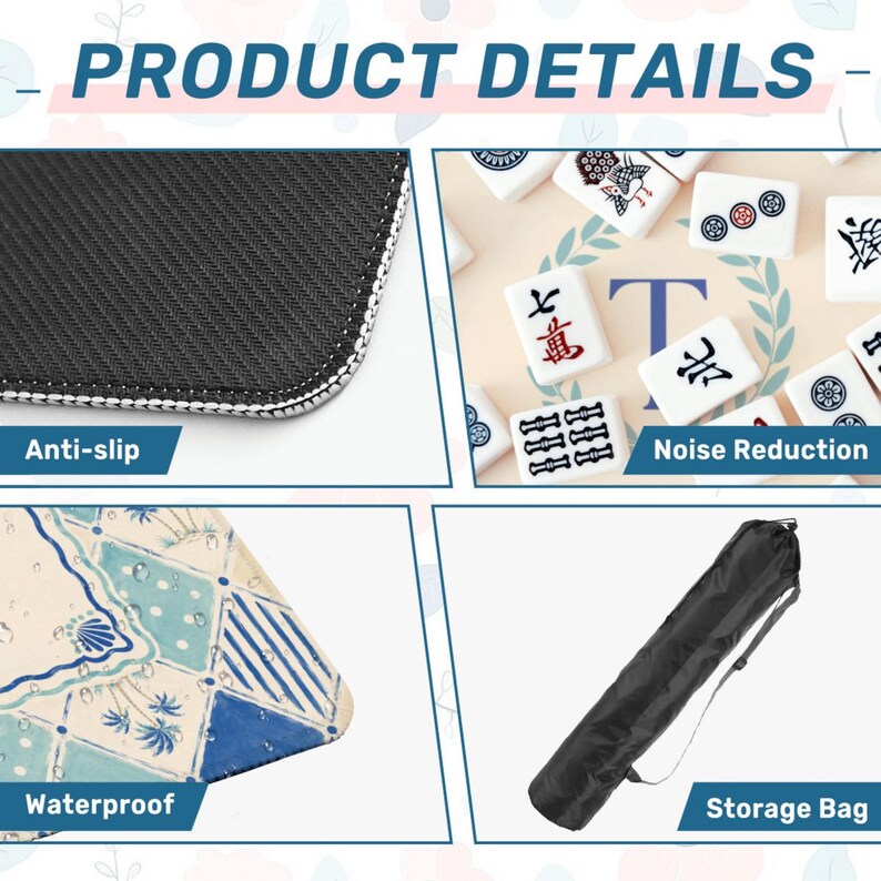 May include: Image showing product details for a game. The image includes close-ups of the anti-slip surface, waterproof design, and noise reduction features. A black storage bag is also shown. The text "PRODUCT DETAILS" is at the top.