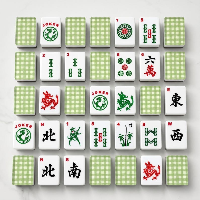 May include: A complete Mahjong set with white tiles featuring various symbols, numbers, and Chinese characters. The set includes green and white checkered tile racks. The tiles display dragons, circles, bamboo, and the word "Joker".