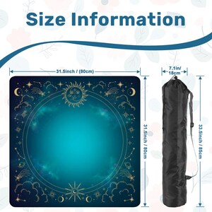 May include: A yoga mat with a celestial design, measuring 80cm square, and a black carrying bag. The mat has a teal background with gold illustrations of the sun, moon, stars, and clouds. The bag is 85cm long.