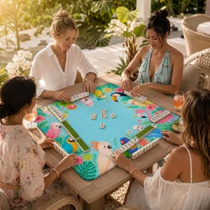 May include: A group of four people playing a game of Mahjong on a wooden table. The game mat is light blue with colorful illustrations of tropical birds and flowers. The players are holding tiles and enjoying the game.