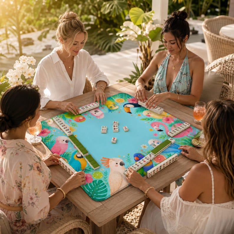 May include: A group of four people playing a game of Mahjong on a wooden table. The game mat is light blue with colorful illustrations of tropical birds and flowers. The players are holding tiles and enjoying the game.