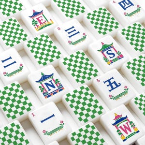 Mahjong Tile Set 160 Pieces, Green Checkerboard Mah Jongg Tiles, Preppy Mahj Set With Storage Box, Majong Gift