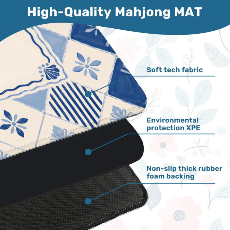 Op de afbeelding: Een close-up van een Mahjong-mat met een blauw en wit tegelontwerp. De mat heeft een zachte technische stof, milieubescherming XPE en een antislip dikke rubberen schuimrug. De tekst "High-Quality Mahjong MAT" staat bovenaan.