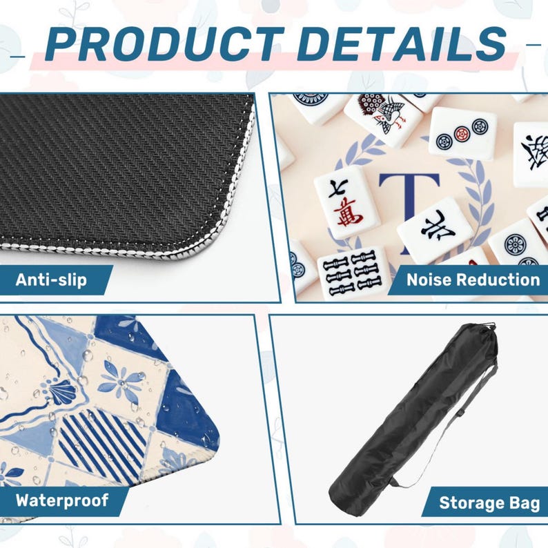 Op de afbeelding: Afbeelding met productdetails. Het bevat een antislip oppervlak, ruisonderdrukking en een waterdicht ontwerp. Een opbergtas is ook inbegrepen. Het product is voor spellen zoals Mahjong.