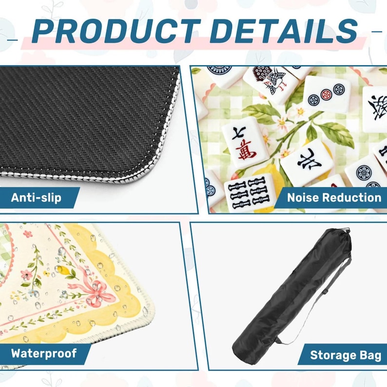 Pode incluir: Imagem de detalhes do produto: superf&iacute;cie antiderrapante preta, pe&ccedil;as de Mahjong, superf&iacute;cie &agrave; prova d'&aacute;gua e saco de armazenamento preto. A imagem inclui o texto "PRODUCT DETAILS", "Anti-slip", "Noise Reduction", "Waterproof" e "Storage Bag".