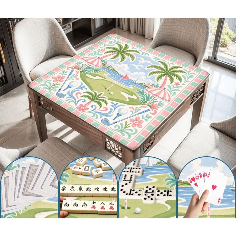 May include: A square wooden table with a golf-themed top featuring a green golf course, palm trees, and golf clubs. The table is surrounded by chairs and has decorative cutouts on the sides. The image also shows game pieces like cards, mahjong tiles, and dominoes.