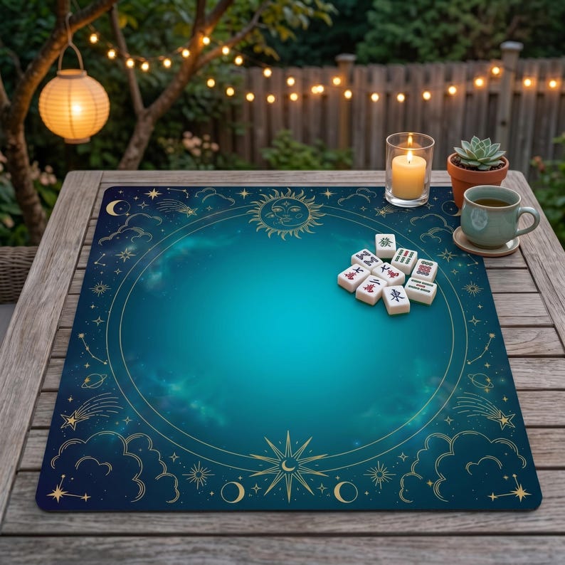 May include: A teal and navy blue Mahjong mat with a celestial design featuring a sun, moon, stars, and clouds. The mat has a circular border and is set on a wooden table. Mahjong tiles are arranged on the mat, with a lit candle, a small plant, and a cup of tea nearby.