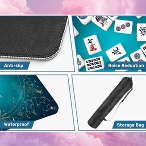 May include: A composite image highlighting product features. The top left shows a close-up of a black, textured surface with the text "Anti-slip". The top right displays white tiles with Chinese characters. The bottom left shows a blue surface with a celestial design and the text "Waterproof". The bottom right shows a black storage bag with the text "Storage Bag".