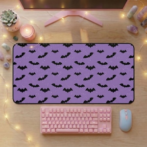 Purple Bat Desk Mat | Pastel Goth Spooky Gaming Pad, Halloween Witchy Office Decor