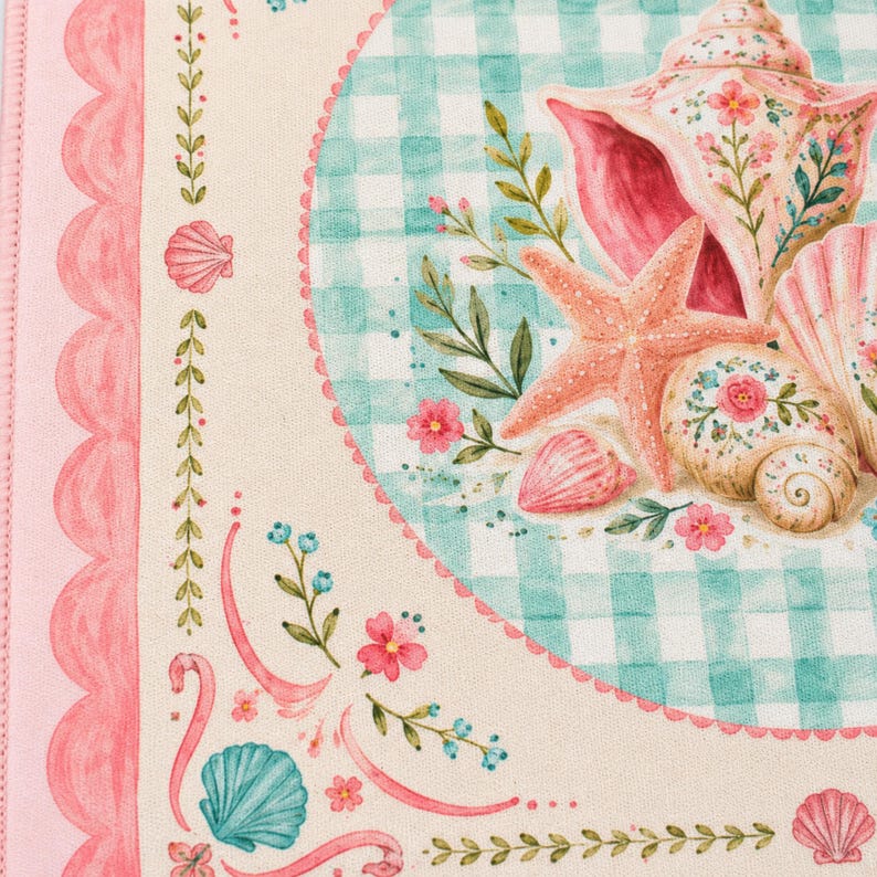 May include: A decorative fabric with a beach theme. The design features seashells, a starfish, and floral accents in shades of pink, teal, and cream. The background has a checkered pattern. The border is pink with a scalloped edge.