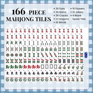 May include: A 166-piece Mahjong tile set featuring a variety of symbols and characters. The set includes tiles with dots, bams, cracks, dragons, and winds. Additional tiles include flowers, jokers, and blank spares. The text "166 Piece Mahjong Tiles" is at the top.