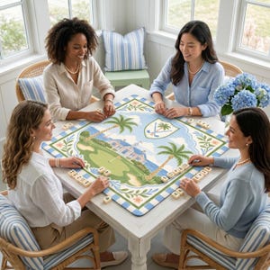 May include: Four women playing a board game around a white square table. The game board features a golf course design with palm trees, a blue sky, and a coastal scene. The women are wearing light-colored shirts and seated in wicker chairs.